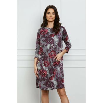 Rochie Dy Fashion gri cu imprimeuri florale rosii si buzunare