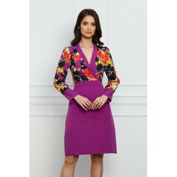 Rochie Moze violet cu imprimeuri orange la bust