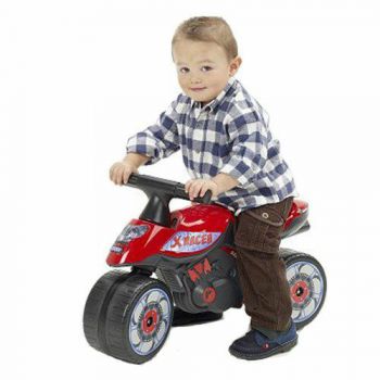 Motocicleta fara pedale Falk Moto Xracer actionata cu picioarele, cu roti late, recomandata copiilor intre 1 si 3 ani