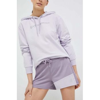 EA7 Emporio Armani pantaloni scurti femei, culoarea violet, cu imprimeu, medium waist de firma originali