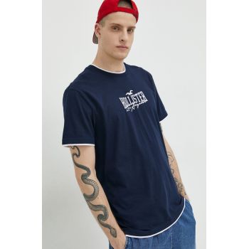 Hollister Co. tricou din bumbac culoarea albastru marin, cu imprimeu
