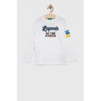 United Colors of Benetton longsleeve din bumbac pentru copii culoarea alb, cu imprimeu