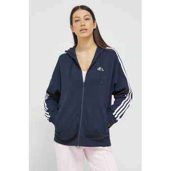 adidas hanorac de bumbac femei, culoarea albastru marin, cu glugă, cu imprimeu de firma original