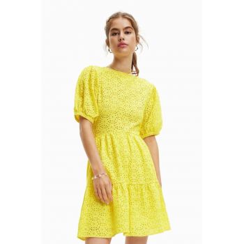 Desigual rochie din bumbac culoarea galben, mini, evazati ieftina