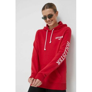 Hollister Co. bluza femei, culoarea rosu, cu glugă, cu imprimeu