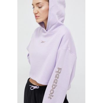 Reebok bluza femei, culoarea violet, cu glugă, cu imprimeu