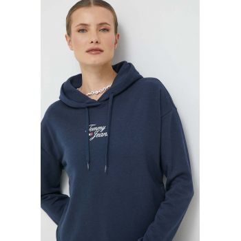 Tommy Jeans bluza femei, culoarea albastru marin, cu glugă, cu imprimeu de firma original