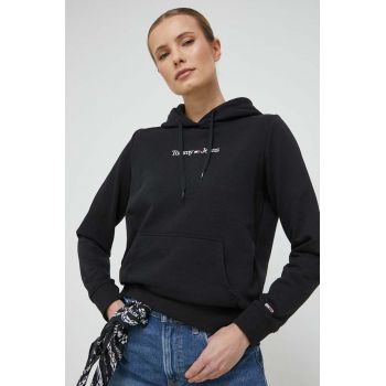 Tommy Jeans bluza femei, culoarea negru, cu glugă, cu imprimeu