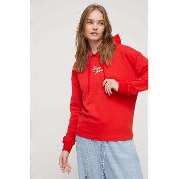 Tommy Jeans bluza femei, culoarea rosu, cu glugă, cu imprimeu
