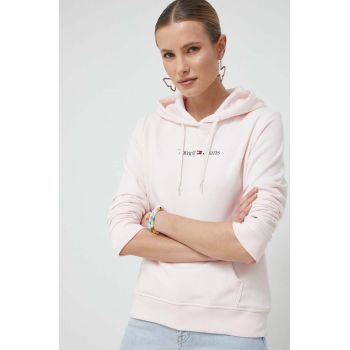 Tommy Jeans bluza femei, culoarea roz, cu glugă, cu imprimeu