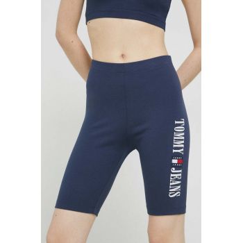 Tommy Jeans pantaloni scurti femei, culoarea albastru marin, cu imprimeu, high waist ieftini