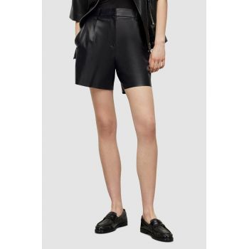 AllSaints pantaloni scurti de piele femei, culoarea negru, neted, high waist