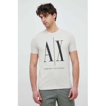 Armani Exchange tricou din bumbac culoarea bej, cu imprimeu ieftin