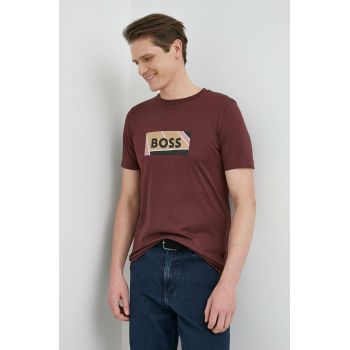 BOSS tricou din bumbac culoarea bordo, cu imprimeu ieftin
