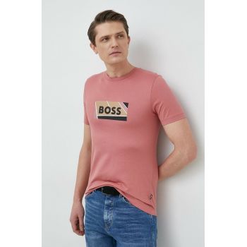 BOSS tricou din bumbac culoarea roz, cu imprimeu de firma original