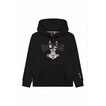 BOSS bluza copii culoarea negru, cu glugă, cu imprimeu