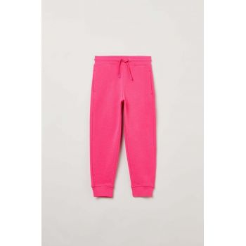 OVS pantaloni de trening din bumbac pentru copii culoarea roz, neted