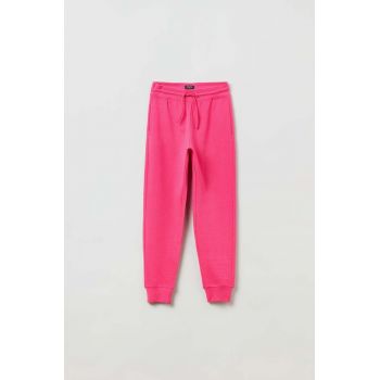 OVS pantaloni de trening din bumbac pentru copii culoarea roz, neted