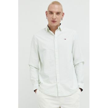 Tommy Jeans camasa din bumbac barbati, culoarea verde, cu guler clasic, regular
