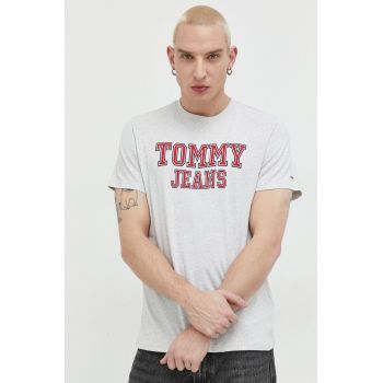 Tommy Jeans tricou din bumbac culoarea gri, cu imprimeu