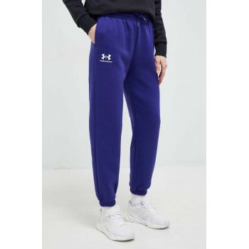 Under Armour pantaloni de trening femei, culoarea albastru marin, neted ieftin