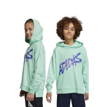 adidas hanorac de bumbac pentru copii culoarea turcoaz, cu glugă, cu imprimeu