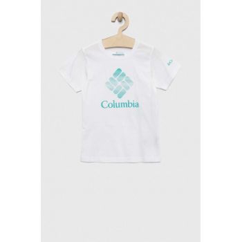Columbia tricou de bumbac pentru copii Mission Lake Short Sleeve Graphic Shirt culoarea alb
