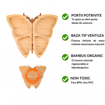 Farfurie fluturas din bambus organic cu baza tip ventuza Oaki albastru