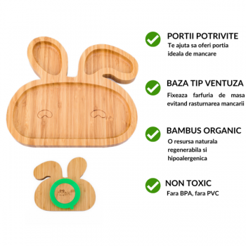 Farfurie iepuras Oaki din bambus organic cu baza tip ventuza roz