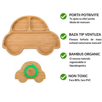 Farfurie masinuta din bambus organic cu baza tip ventuza Oaki roz