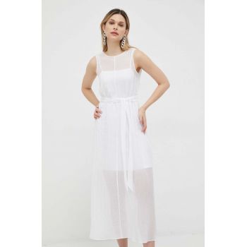 Armani Exchange rochie culoarea alb, maxi, evazati de firma originala