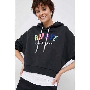 GAP bluza femei, culoarea negru, cu glugă, cu imprimeu
