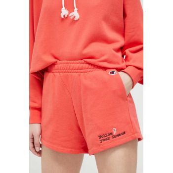 Champion pantaloni scurti femei, culoarea rosu, cu imprimeu, high waist