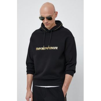 Emporio Armani bluza barbati, culoarea negru, cu glugă, cu imprimeu