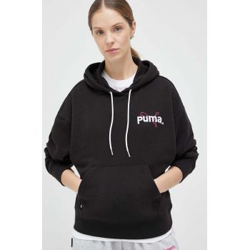 Puma bluza femei, culoarea negru, cu glugă, cu imprimeu ieftin