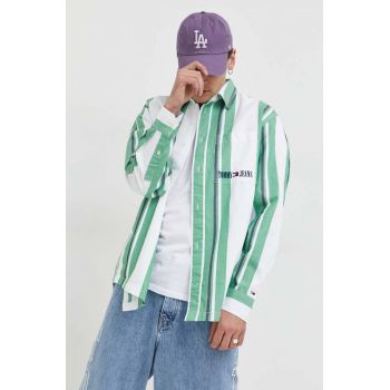 Tommy Jeans camasa din bumbac barbati, culoarea verde, cu guler clasic, relaxed