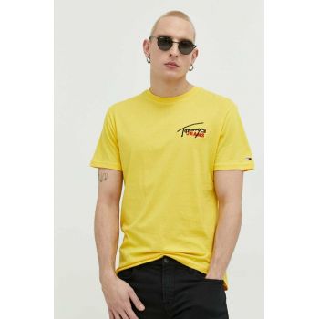 Tommy Jeans tricou din bumbac culoarea galben, cu imprimeu