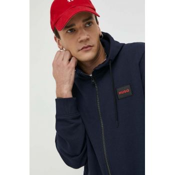 HUGO hanorac de bumbac barbati, culoarea albastru marin, cu glugă, cu imprimeu