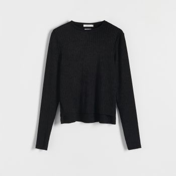 Reserved - Top din jerseu de tricot striat, cu mânecă lungă - Negru