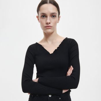 Reserved - Tricou cu mânecă lungă, uni, slim - Negru