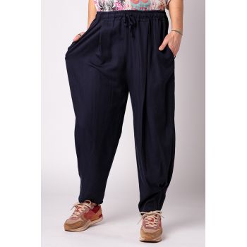 Pantaloni bleumarin, masura mare, din tencel, cu siret