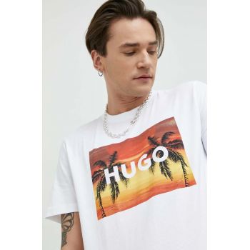 HUGO tricou din bumbac culoarea alb, cu imprimeu