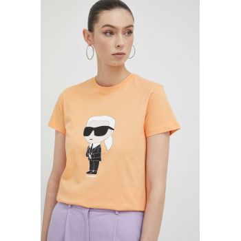 Karl Lagerfeld tricou din bumbac femei, culoarea portocaliu