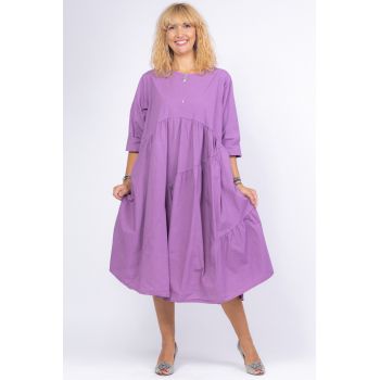 Rochie mov oversize, cu trei volane asimetrice, din poplin satinat