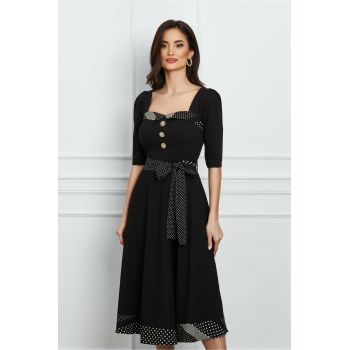 Rochie Dy Fashion neagra cu buline si cordon in talie