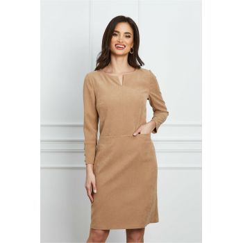 Rochie Simona bej din velur cu buzunare