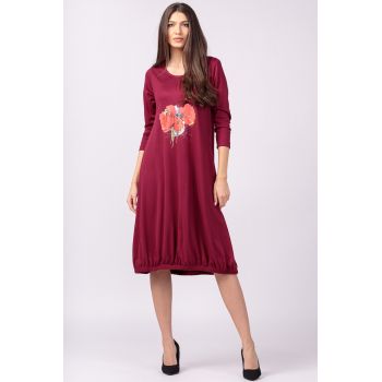 Rochie bordo din tricot, cu elastic la poale si imprimeu maci rosii