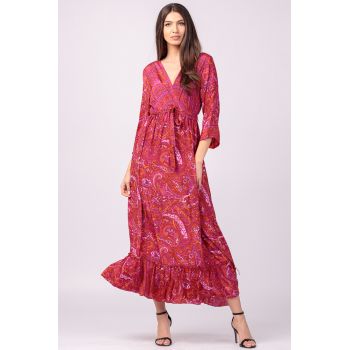 Rochie cu bust petrecut, din matase indiana, cu imprimeu oriental fucsia