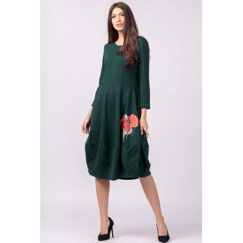 Rochie lalea din bumbac verde, cu imprimeu mac rosu