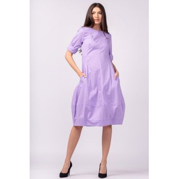 Rochie lila, lalea, cambrata, cu fermoar, din poplin de bumbac